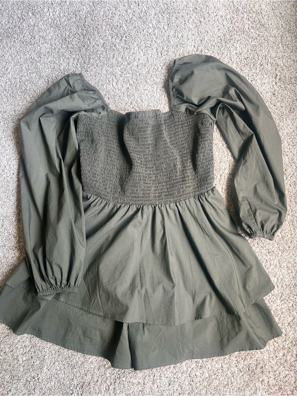 Express Smocked Square-Neck Long Sleeve romper- Olive Green